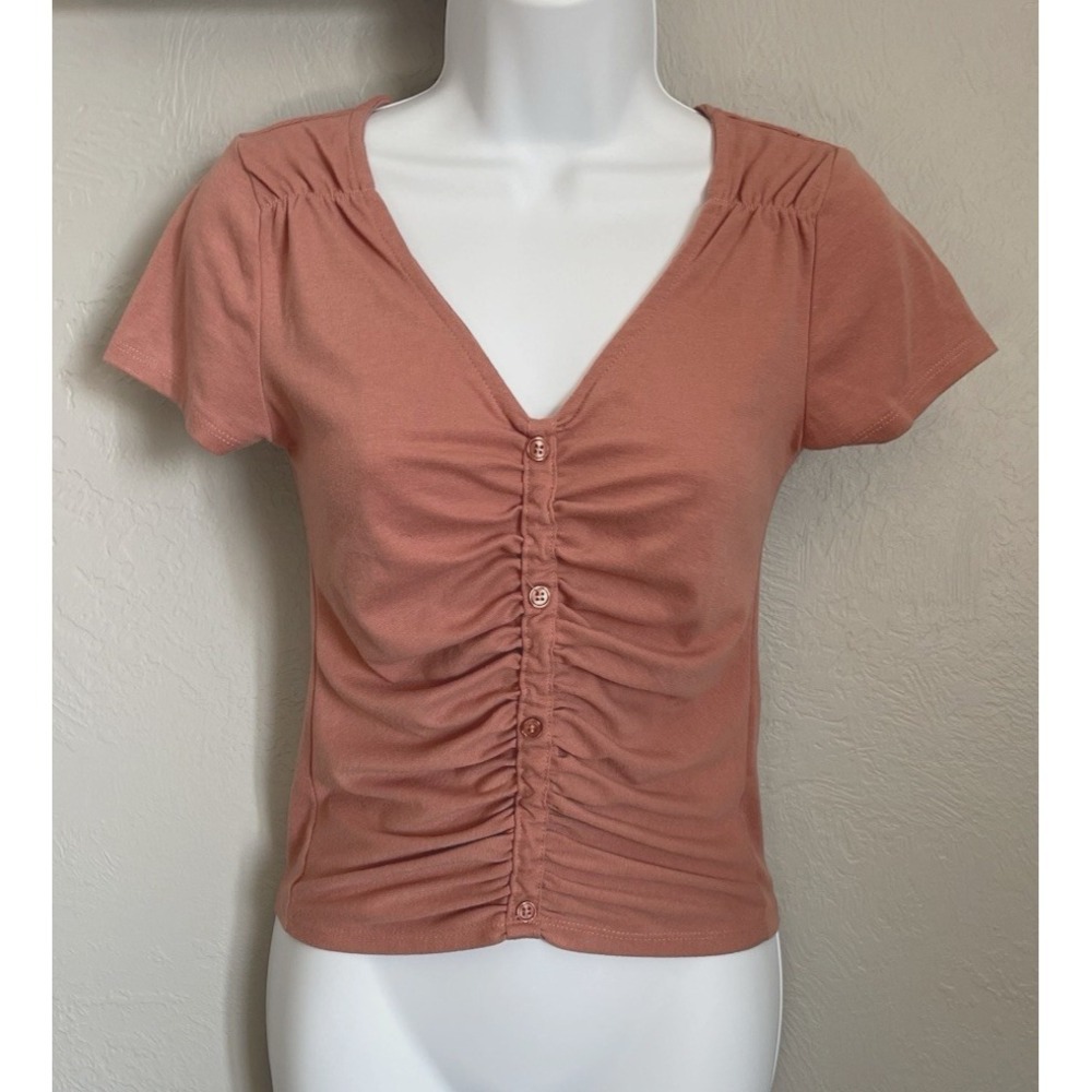 Derek Heart Shirt Womens Medium Pink Short Sleeve Cinch Ruched V-Neck Top